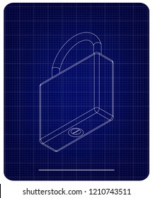 3d model of the padlock on a blue background. Drawing