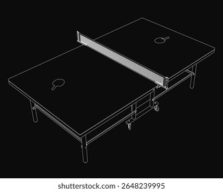 A 3D model of a ping pong table with a white net, set against a sleek black background for a clean, professional look. The table features realistic textures and sharp edges, ideal for sports