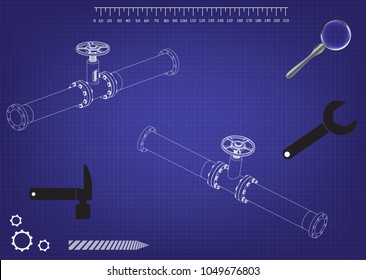 3d model of an pipeline on a blue background. Drawing