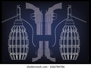 3d model of a pistol and grenade on a blue background. Drawing