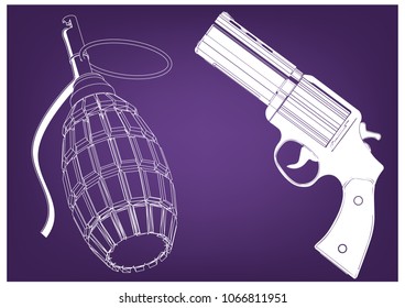 3d model of a pistol and grenade on a purple background. Drawing