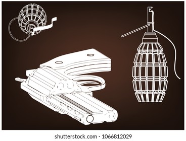 3d model of a pistol and grenade on a brown background. Drawing