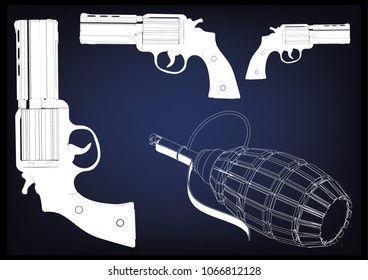 3d model of a pistol and grenade on a blue background. Drawing