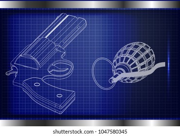 3d model of a pistol on a blue background. Drawing