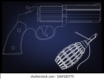 3d model of a pistol on a blue background. Grenade 