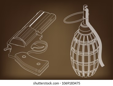 3d model of a pistol on a brown background. Grenade 