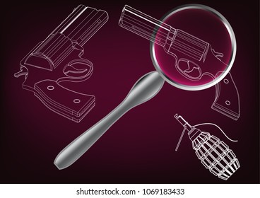 3d model of a pistol on a burgundy background. Drawing