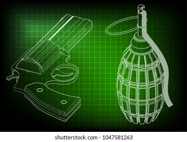 3d model of a pistol on a green background. Drawing