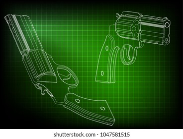 3d model of a pistol on a green background. Drawing
