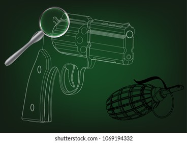 3d model of a pistol on a green background. Grenade 