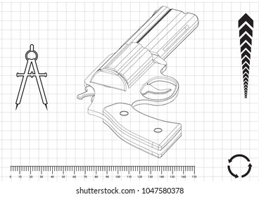 3d model of a pistol on a white background. Drawing