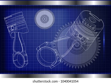 3d model of piston and gear on blue background. Drawing
