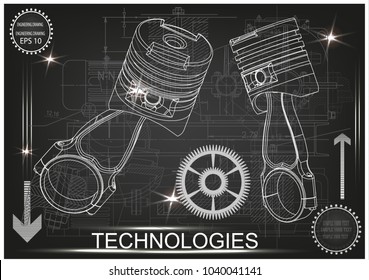 3d model of piston and gear on black background. Drawing