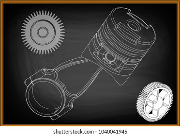 3d model of piston and gear on black background. Drawing