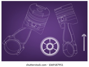 3d model of piston and gear on purple background. Drawing
