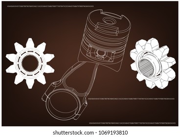 3d model of piston and gear on brown background. Drawing