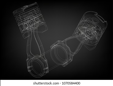 3d model of piston on black background. Drawing