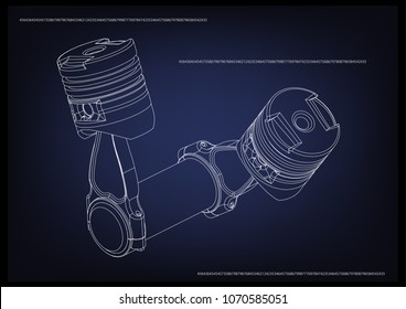 3d model of piston on blue background. Drawing