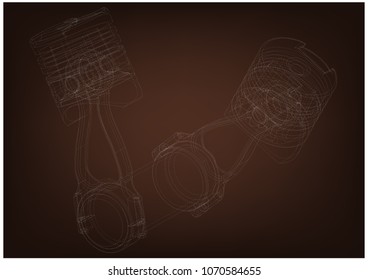 3d model of piston on brown background. Drawing