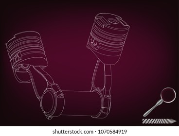 3d model of piston on burgundy background. Drawing