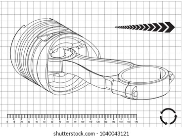 3d model of piston on white background. Drawing