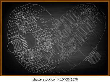3d model of the planetary mechanism on a black background. Gear