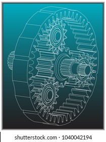 3d model of the planetary mechanism on a turquoise background. Gear