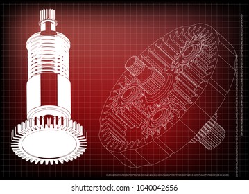 3d model of the planetary mechanism on a red background. Gear