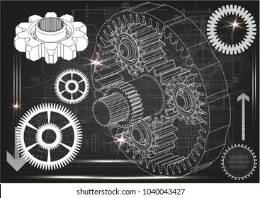 3d model of the planetary mechanism on a gray background. Gear