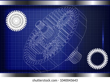 3d model of the planetary mechanism on a blue background. Gear