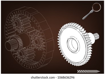 3d model of the planetary mechanism on a brown background. Gear