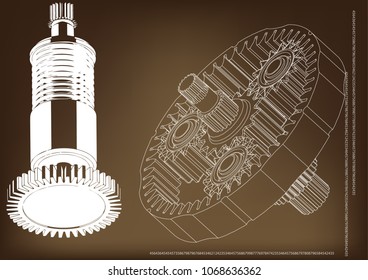 3d model of the planetary mechanism on a brown background. Gear