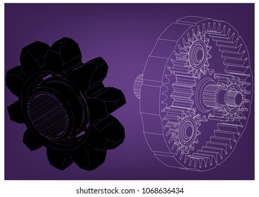 3d model of the planetary mechanism on a purple background. Gear