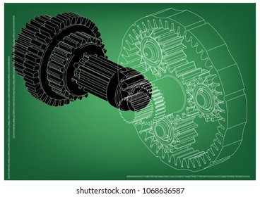 3d model of the planetary mechanism on a green background. Gear