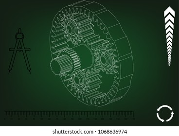 3d model of the planetary mechanism on a green background. Gear