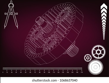 3d model of the planetary mechanism on a burgundy background. Gear