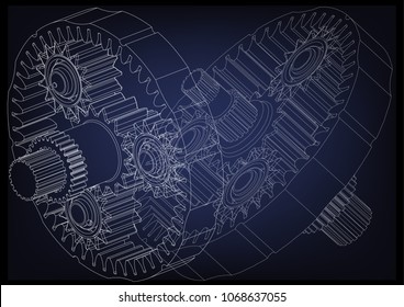 3d model of the planetary mechanism on a blue background. Gear