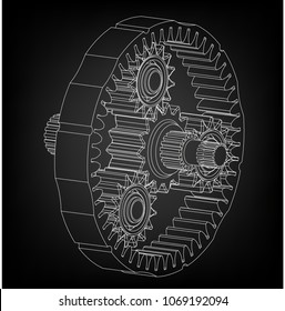 3d model of the planetary mechanism on a black background. Gear