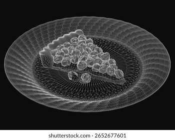 Un modelo 3D de un plato presenta una disposición circular de uvas jugosas contra un fondo negro elegante. Las uvas vibrantes crean una presentación elegante y artística.