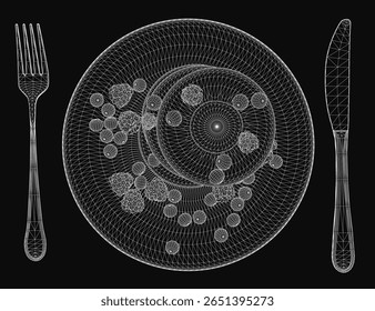 A 3D model of a plate with fork and knife, featuring cookies, isolated on a black background. The utensils are neatly arranged beside the plate, creating a clean and elegant composition.