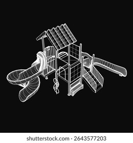 3D model of a playground structure featuring a slide, swings, and climbing elements, rendered on a black background. The clean graphic design highlights each component with sharp details and vibrant.