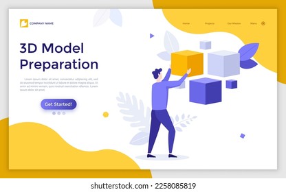 3D Model Preparation landing page template. Graphic designer digital tools and software vector illustration. Build virtual objects for 3d printing. Website and application development flat elements