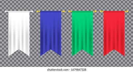 3d Model Of A Realistic Empty Pennant, Color Changes Easily. 3d Realistic Textile Flag. Royal Flag Banners And Heraldic Pennants Hanging On Poles. Hanging Realistic Team Pennants, Canvas Flags.