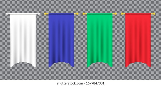 3d model of a realistic empty pennant, color changes easily. 3d realistic textile flag. Royal flag banners and heraldic pennants hanging on poles. Hanging realistic team pennants, canvas flags.