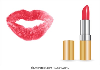 3D Model of realistic red lipstick with lip print. Vector Illustration. EPS10.