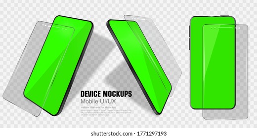 3D Model of a realistic smartphone on transparent background. Phone from different sides with transparent protective glass or film for the screen. Device mockups