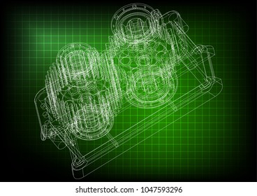 3d model of the reducer on a green background. Drawing