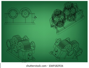 3d model of the reducer on a green background. Drawing