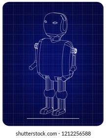 3d model of the robot on a blue background. Drawing