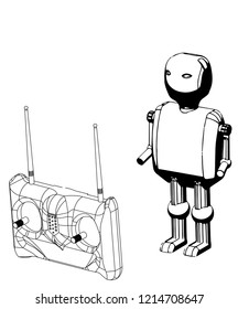 3d model of a robot and a radio remote control on a white background. Drawing